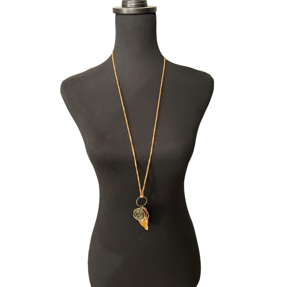 Red Agate  Rose Charm Long Drop Pendant Necklace On Brown Leather Cord‎ Orange